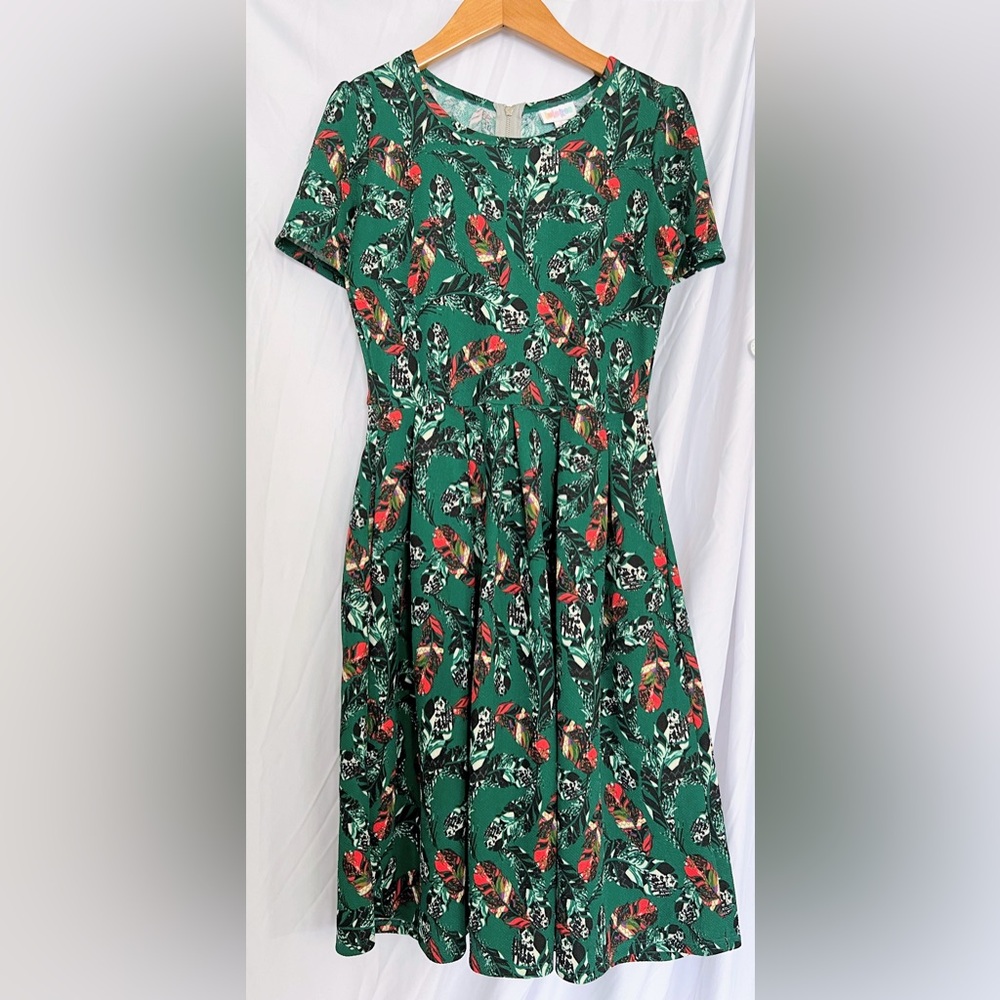 LulaRoe Green Amelia Midi Feather Pleated Dress Size Small